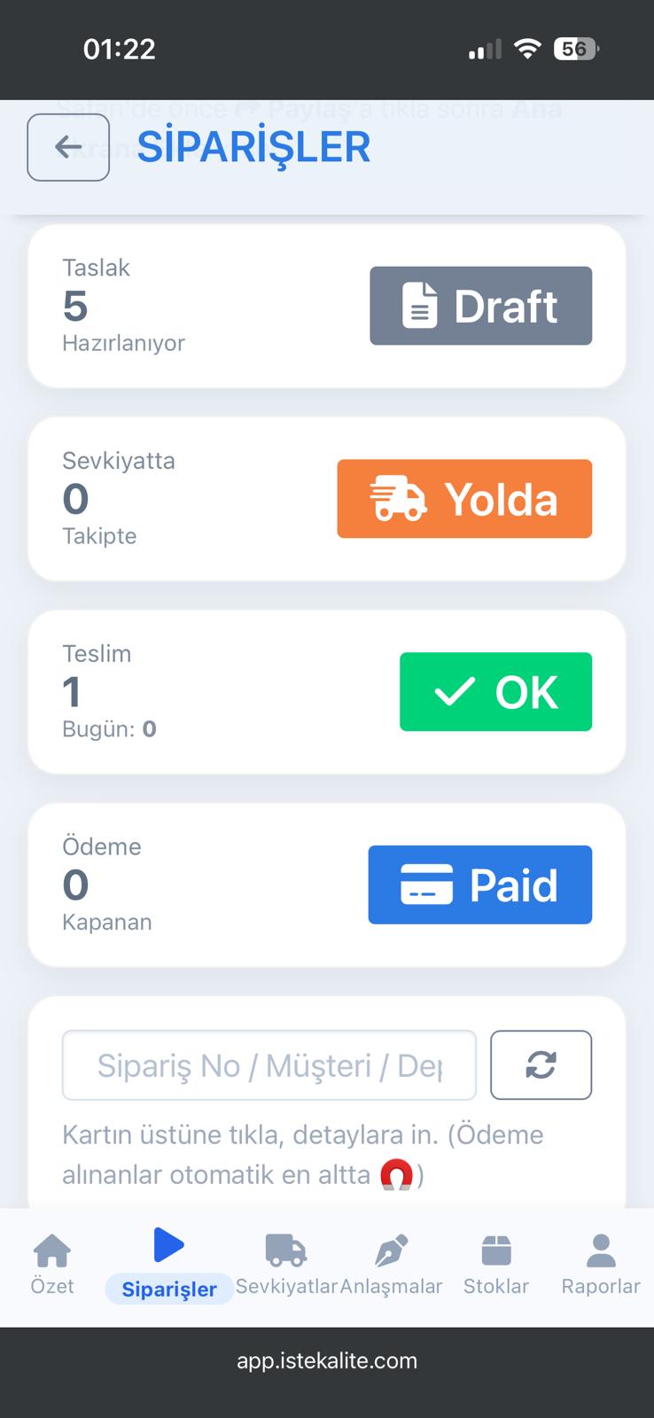 Mobil sipariş ekranı