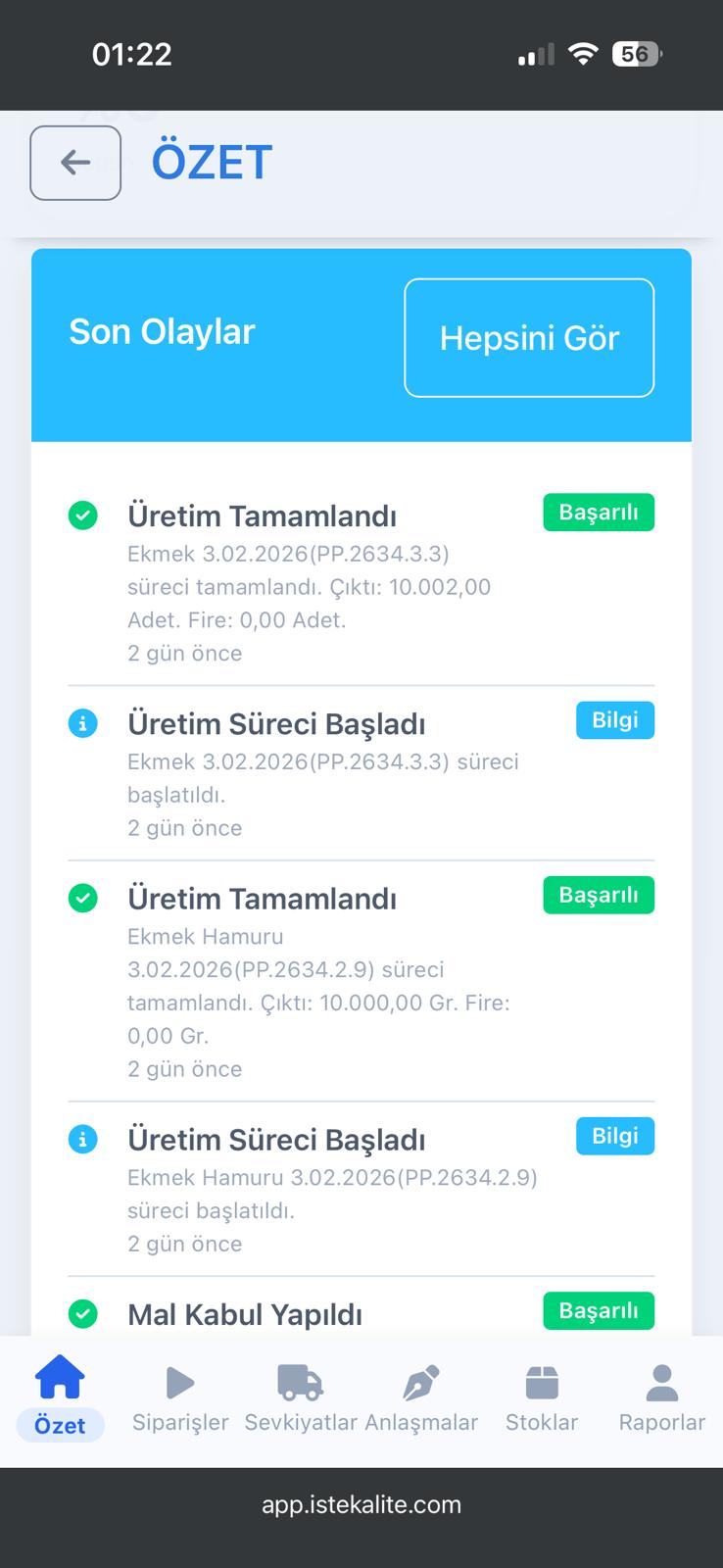 İşte Kalite mobil uygulama özet ekranı